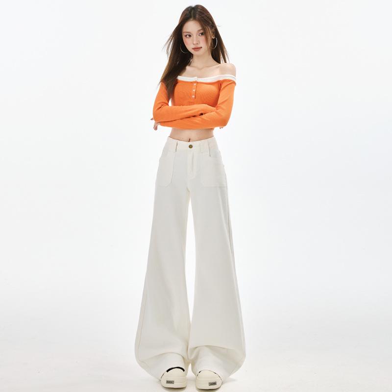 Women's High-Waist Khaki Micro-Flare Jeans - Slimming, Loose Fit, Floor-Length for Spring/Autumn.