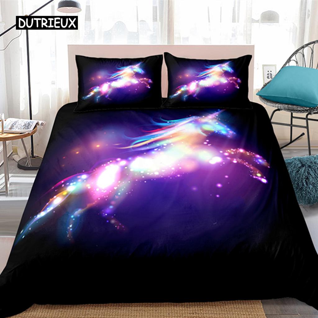 Einhorn Königin Bettbezug Cartoon Tier Regenbogen Universum Bettwäsche Set für Kinder Teenager Kosmischer Sternenhimmel Polyester Steppdecke