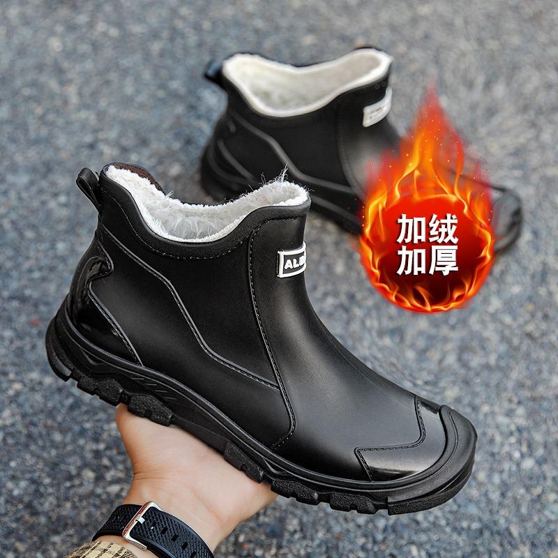 Winter warm and velvet men's rain shoes 39-48 extra large size black water shoes mountain men's rubber shoes fishing men's waterproof boots