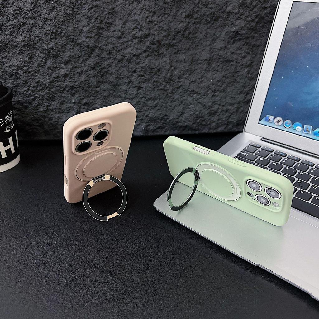 Macaron Liquid Silicone Magnetic Bracket Case for iPhone 17 Pro, 360° Rotation, Drop-Proof