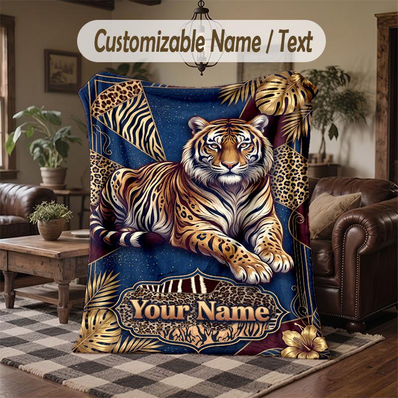 Tiger Forest Majesty Theme Throw Blanket Custom Name Text Personalized Blanket Soft Cozy Blanket for Home Sofa Bed