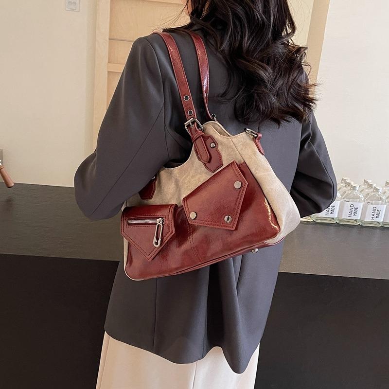 Retro large-capacity shoulder bag, new messenger bag, splicing women's bag, simple soft leather tote bag