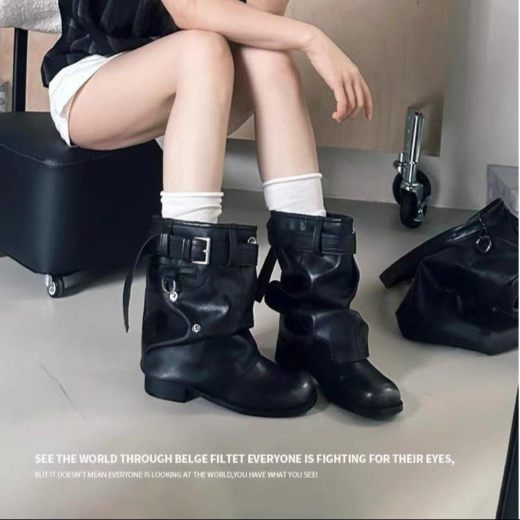 Fashion Women Western  Booties Fashion Slip on Mid Calf Booties Retro Style Thick Heel Autumn Female Shoes