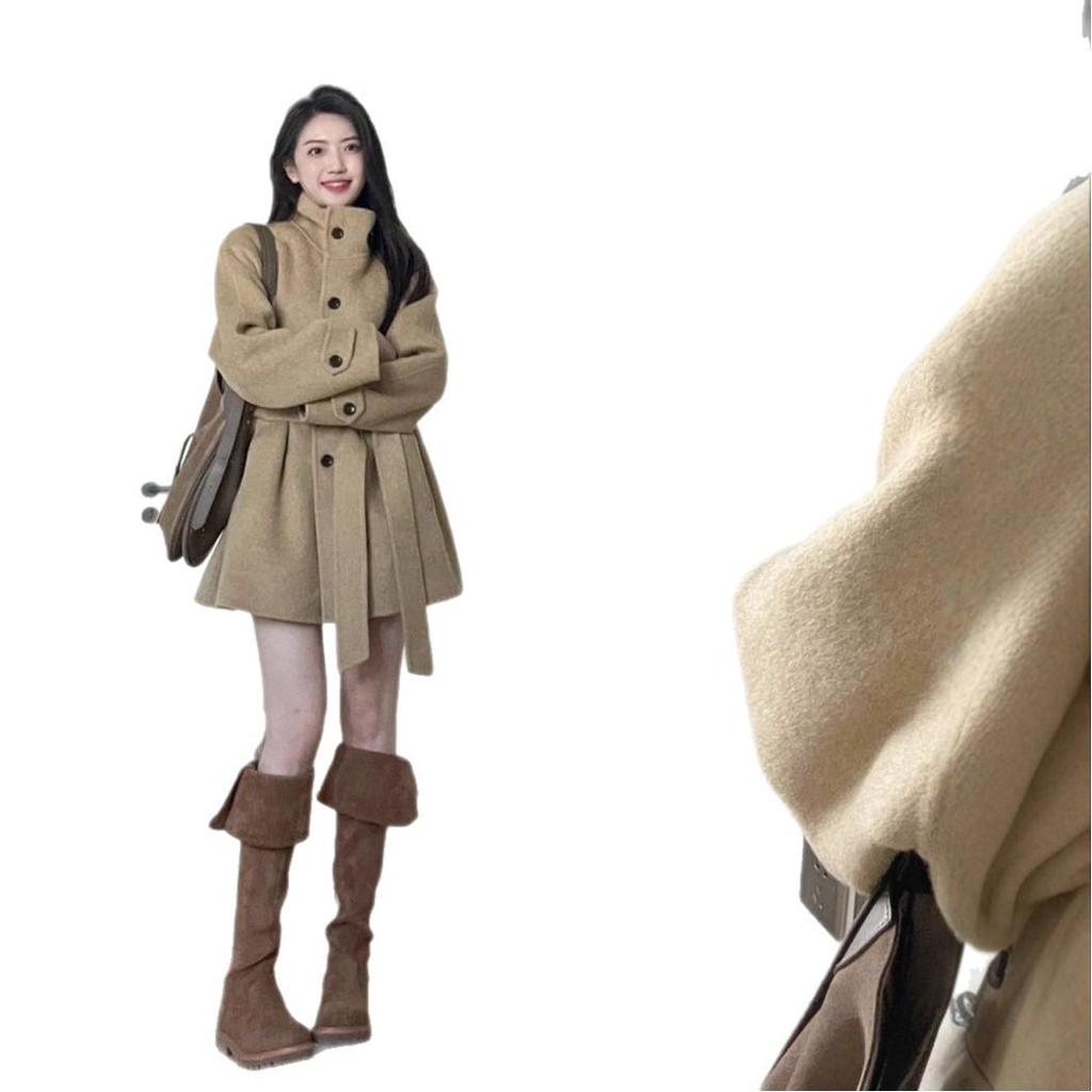 2025 Khaki Wool Coat: Petite Korean Style, High-End Autumn/Winter Fashion for Women