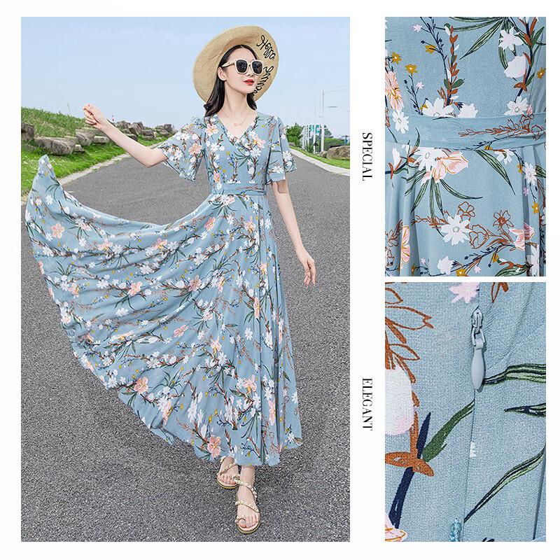 Damen V-Ausschnitt Rüschenärmel A-Linie Geblümt Strandkleid