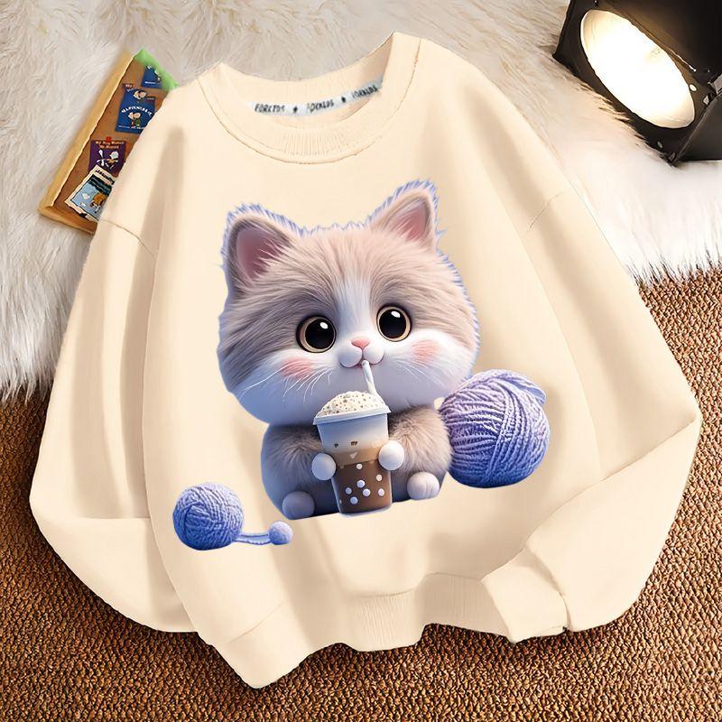 Cute Milk Tea Cat Round-neck Sweatshirt for Children, Fashionable Long-sleeved Casual Sweatshirt for Boys and Girls in Spring and Autumn