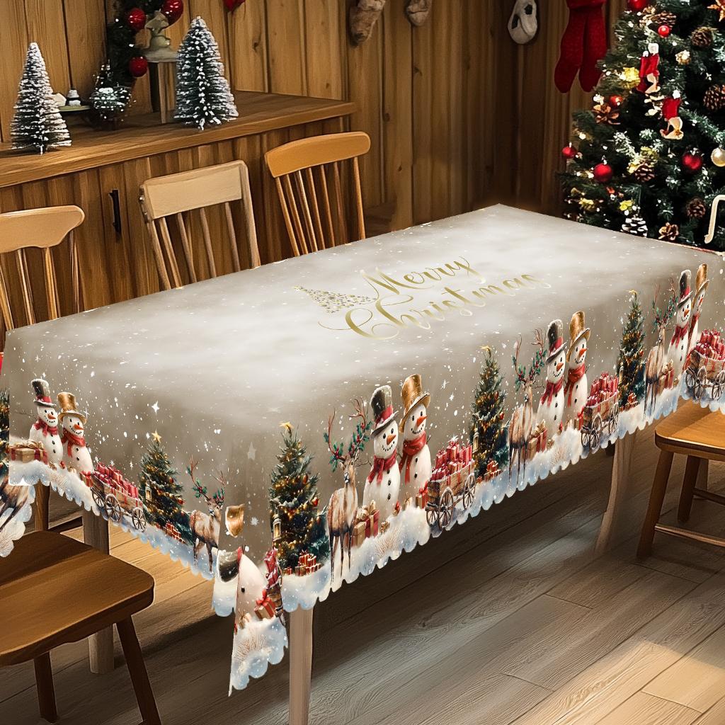 Christmas Vintage Farmhouse Tablecloth with Santa, Reindeer & Xmas Tree Prints. Rectangular & Round Sizes for Xmas/New Year Parties, Kitchen, Indoor &