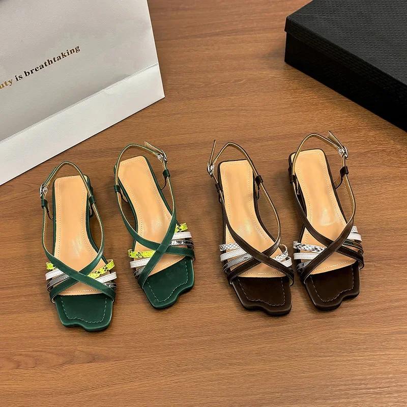 Fashion Women Sandals Soft Leather Handwoven Color Block Square Toe Low Heel Summer Shoes Korean Style 2025 New Fashion Ladies Slippers