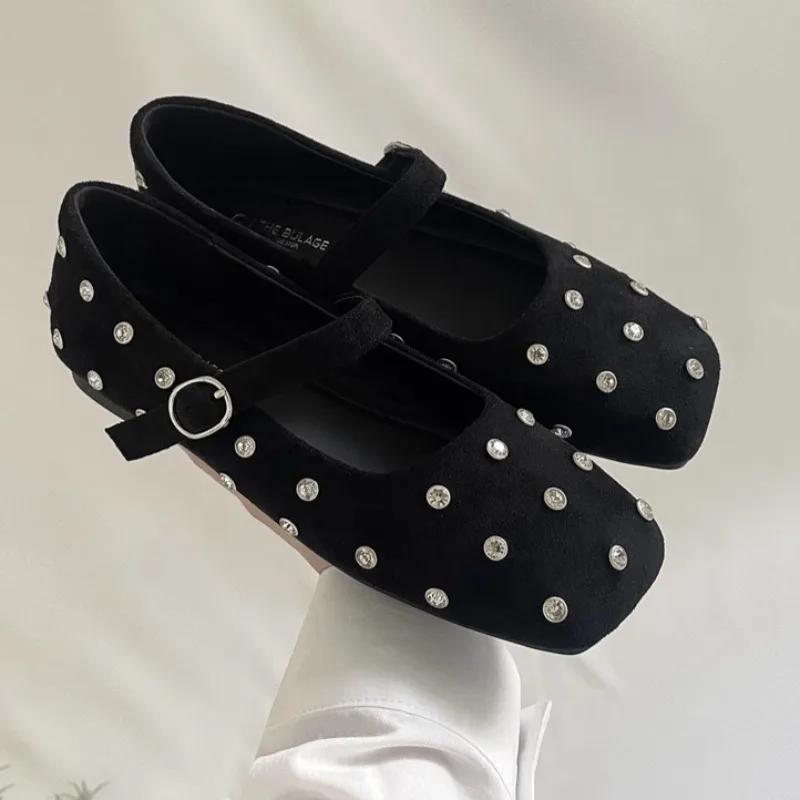 

Spring flat shoes for women square head shallow mouth suede rhinestone soft sole non-slip wear-resistant single shoes 40 чорний