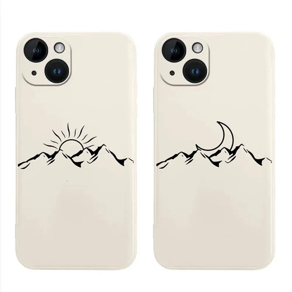 Line Mountain Scenery Phone Case for IPhone 16 15 Pro Max 13 12 11 XS MAX X 7 8 14 Plus Shockproof Simple Sun Moon Couples Cover