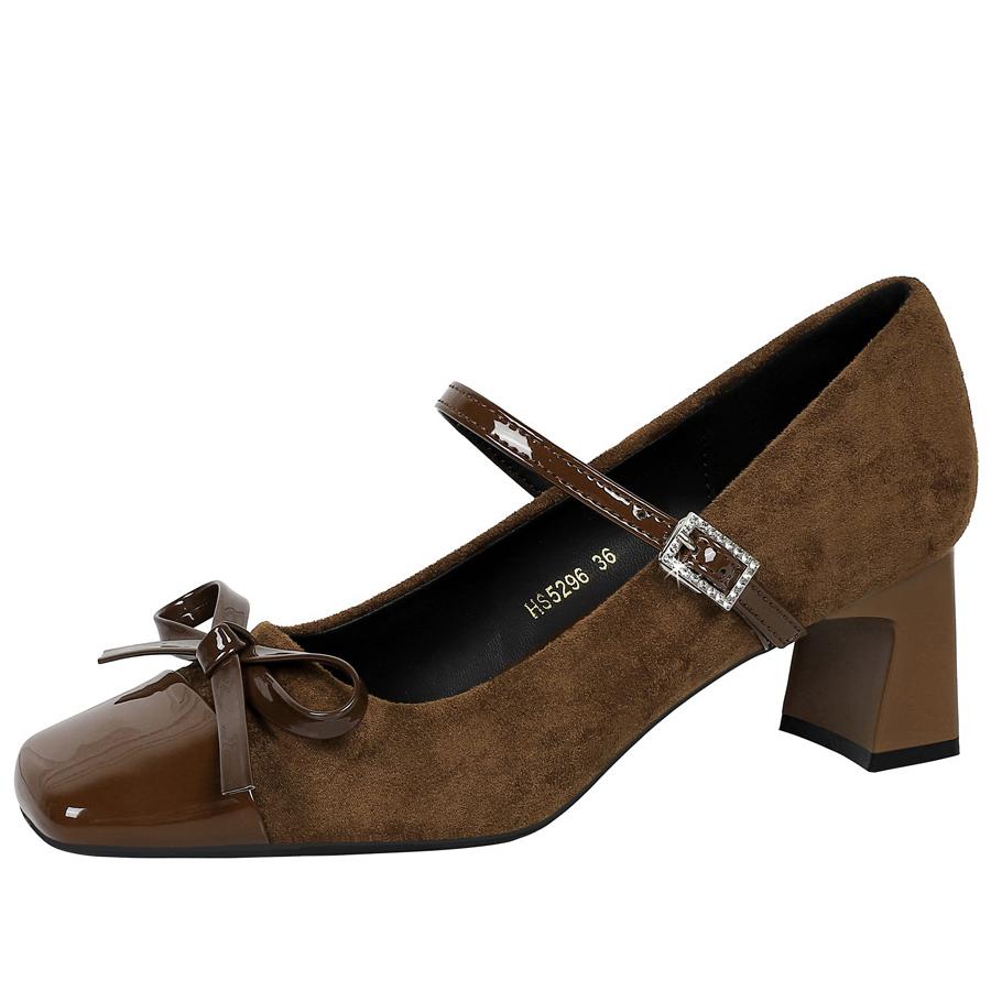 New leopard print Women Pumps bowknot Mary Jane shoes Square Suede Thick Heel Ladies shoes Rhinestone buckle Women heels 5 CM