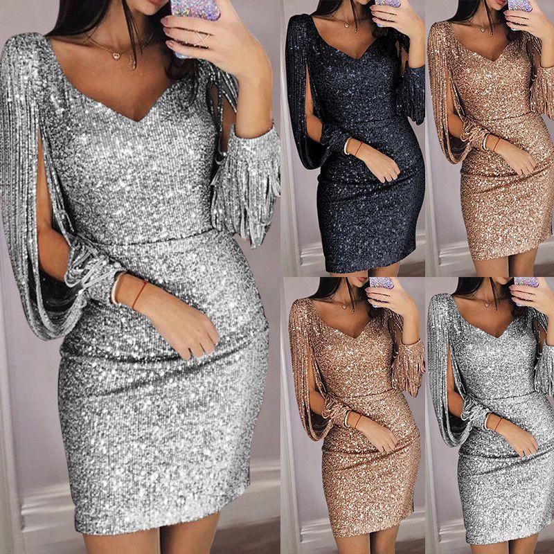 Elegant Ladies Sequins Sexy Vneck Mini Casual Cocktail Party Slim Dress Stylish