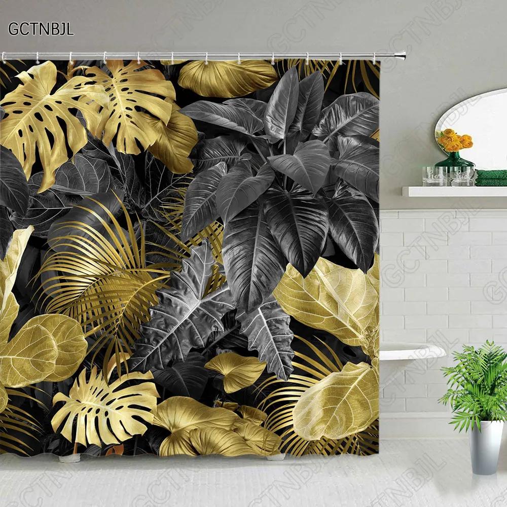Tropical Green Plant Bathroom Shower Curtains Black Background Gold Palm Leaf Pattern Bath Curtain Waterproof Bathtub Home Decor