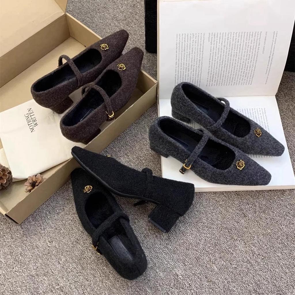 Gray Fluffy Shoes Women Wear New Winter French Fairy Fleece Single Shoes Thick Heel Mary Jane High Heels