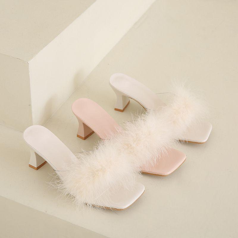 

Fairy style slippers female outer wear 2025 summer new Mao Mao thick heel high heels temperament versatile word sandals 40