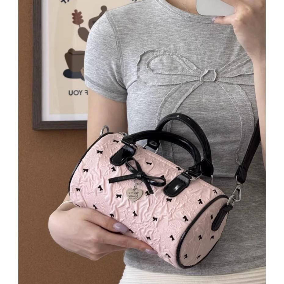 Sweet Bow Seersucker Boston Bag Women's Korean Sweet Girl Handbag Versatile Shoulder Messenger Bag