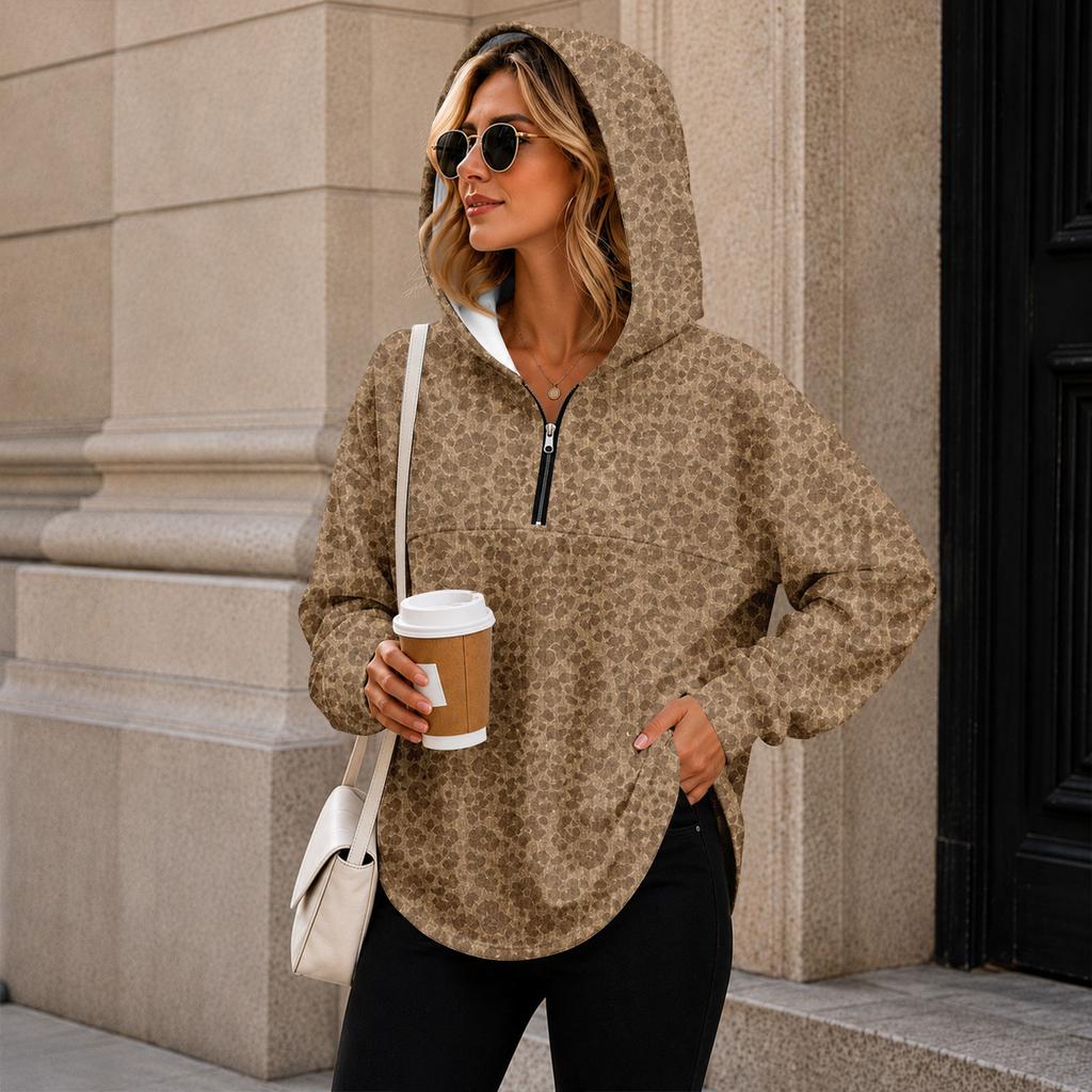Women's Lightweight Quarter-Zip Hoodie Leopard Print Pullover Sweatshirt Without Pockets for Casual Wear
