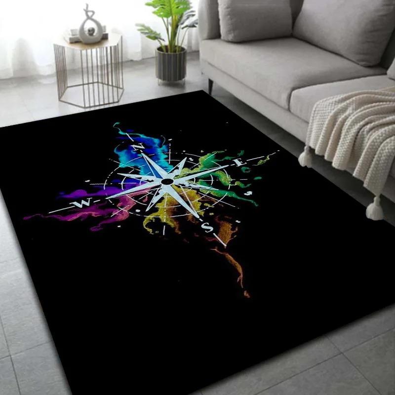 Tapetes de Área com Design de Bússola Vintage Cor Verde Fluorescente Padrão de Mapa Estelar Montanha para Sala de Estar Moderna Decoração de Casa