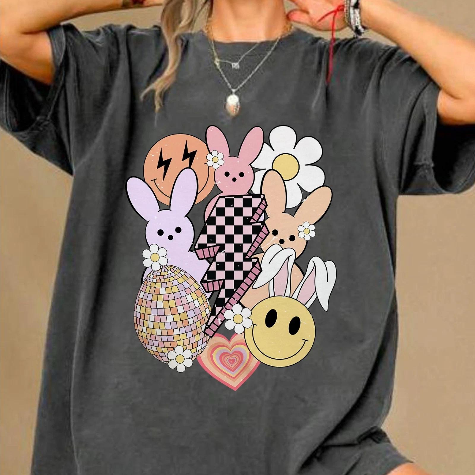 

Y2K Style Easter Day Shirt, Retro Smiley Face Bunny Tee, Checked Peeps Tee 2XL