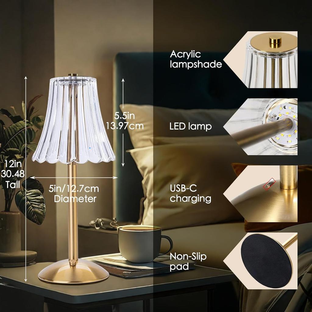 Crystal LED Table Lamp Touch Sensor Desktop Night Light Rechargeable Reading Lamp for Bedroom Bedside Hotel Bar Decor Dimmable