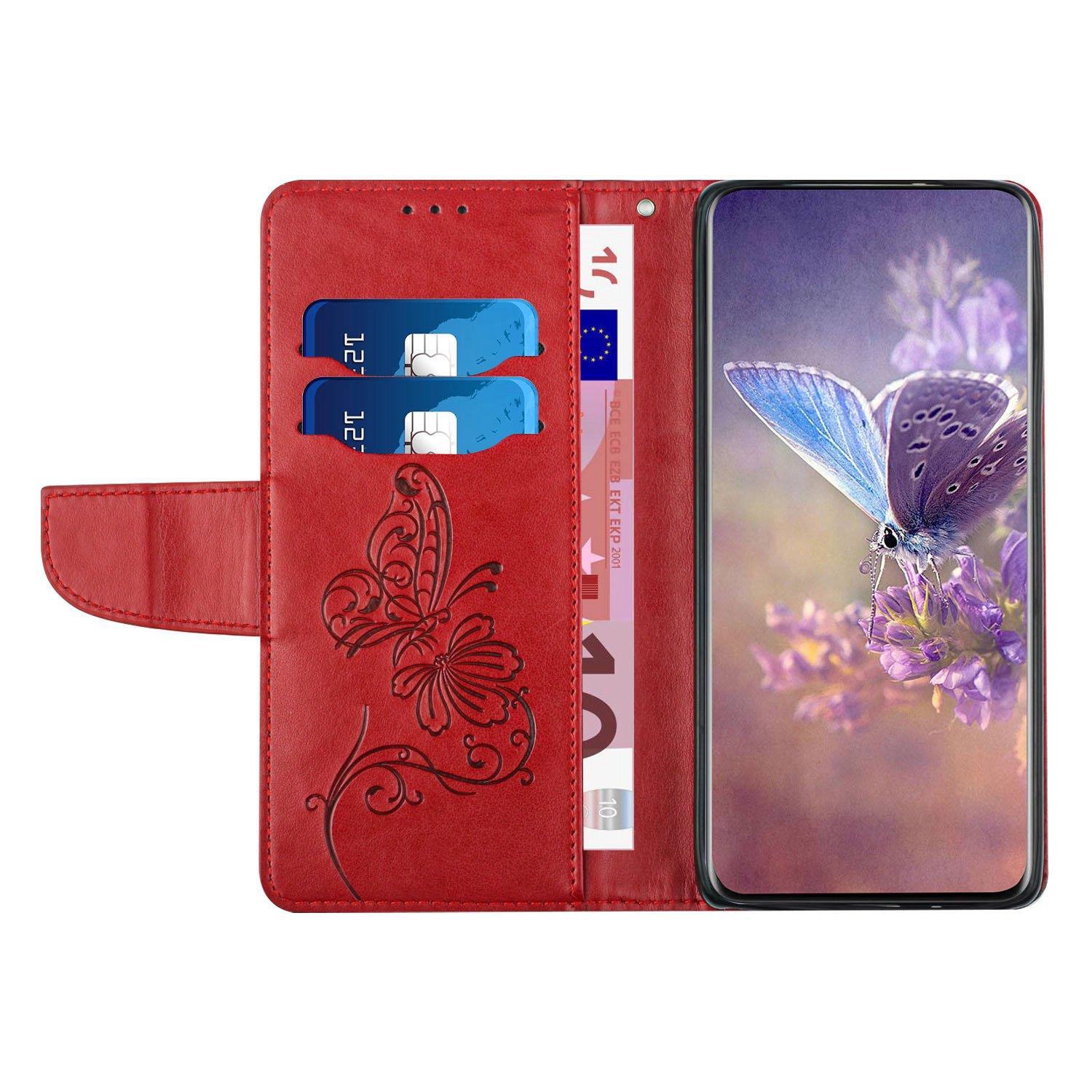 

PU Leather Cell Phone Case for Samsung Galaxy S23,Butterfly Flower Imprinted Full Protection Wallet Cover with Stand Red