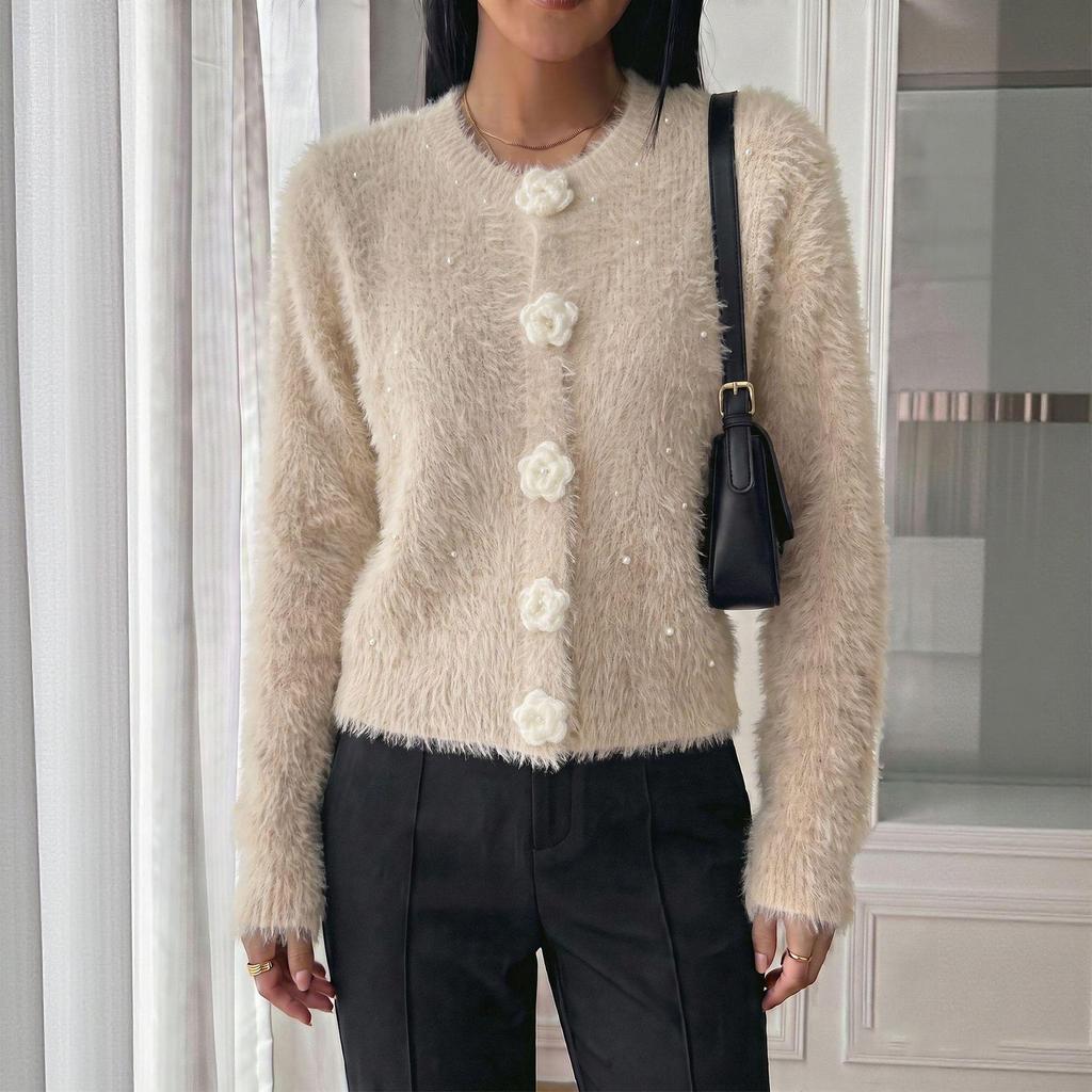 Women's Fashion Knit Cardigan Sweater with Flower Buttons