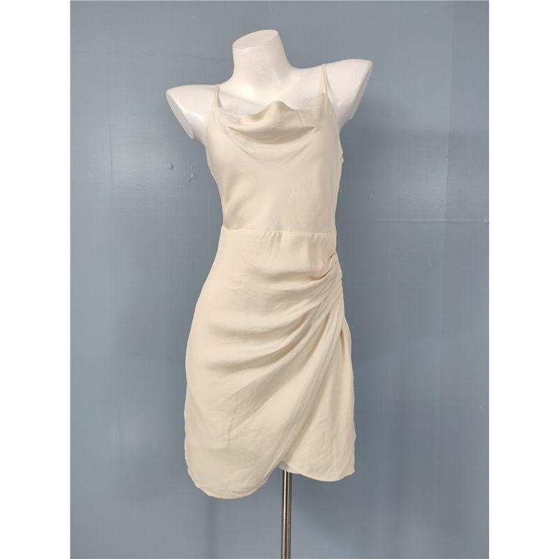 

Foreign Trade Order Sling Backless Pile Collar Swing Collar Design Pleat Waist Hugging Irregular Dress Flesh Color Flattering Style Flesh color S