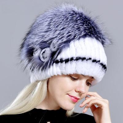 Real Fur Hats Womens Rex Rabbit Fur Floral Hat Fox Fur Top Pompom Natural Winter Hats Knittedwarm Fashionable Skullies
