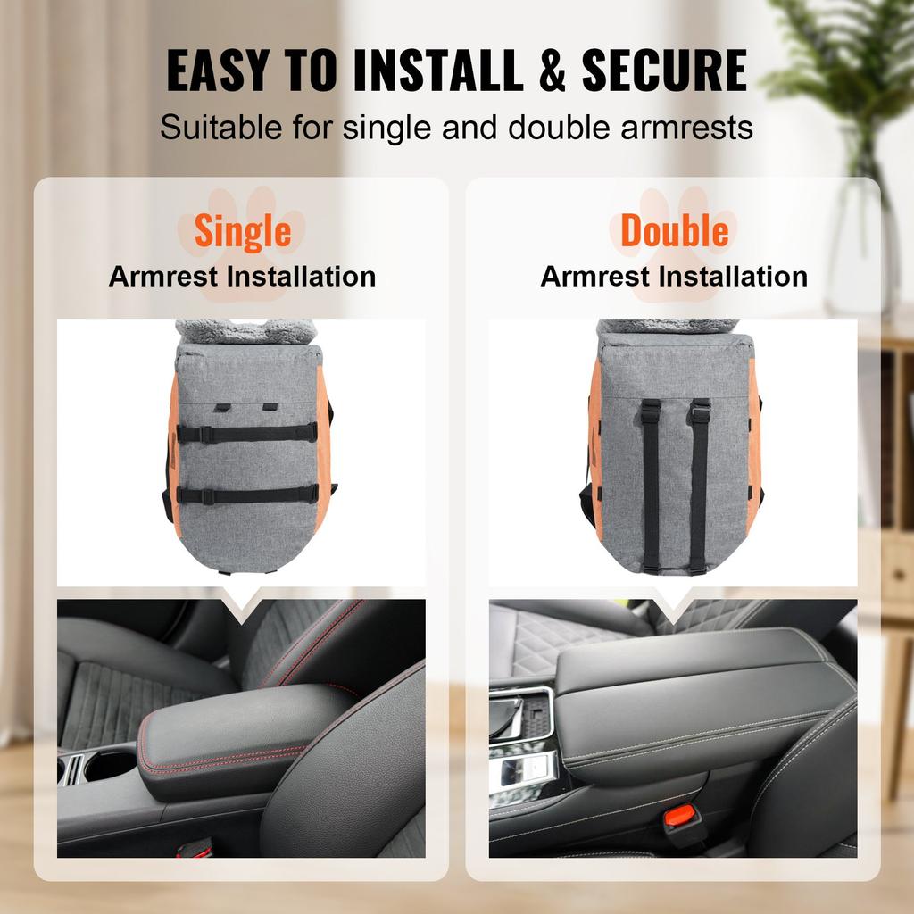 VEVOR Console Dog Car Seat, Center Console Dog Booster Seat for Small Dog, Pet Car Seat for Car Armrest with Clip-On Leash, Adjustable Straps