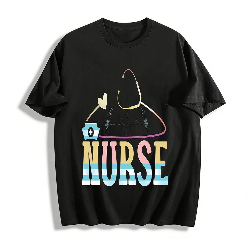 Nurse Themed Graphic Tee Fun Medical Element Print Casual Top Pure cotton T-shirt XXS