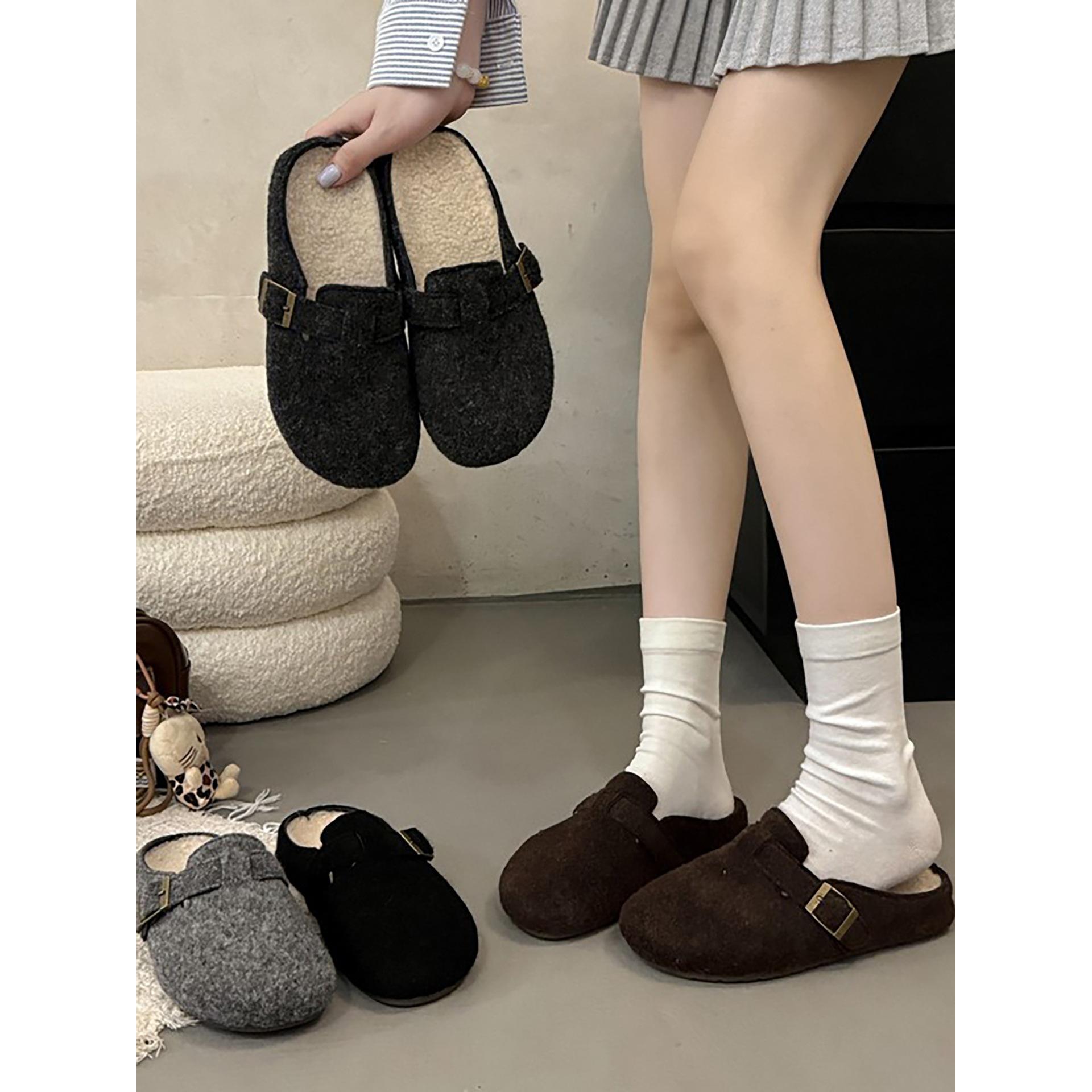

Wang Fan retro thick-soled velvet half-drag Birkenstocks shoes, winter 2025 heightening thermal cotton slippers 40 темно-коричневого кольору