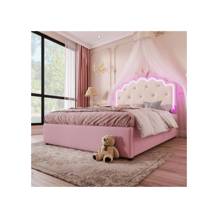 Lit gigogne - MUVOE - 140 x 200 cm - Rose - 2 tiroirs - LED réglable