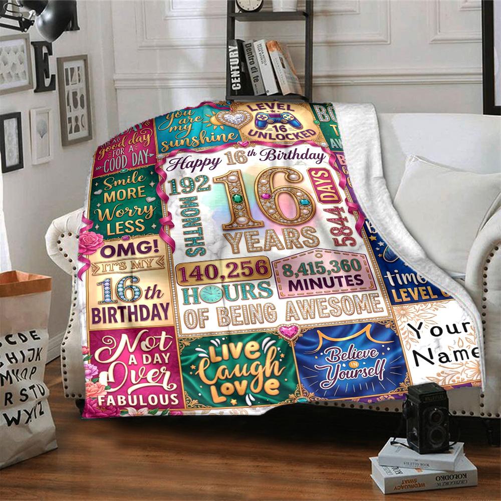 Happy 16Th Birthday Themed Blanket Personalized Name Soft Warm And Versatile For Sofa Bed Office And Travel Machine Washable Comfortable In All