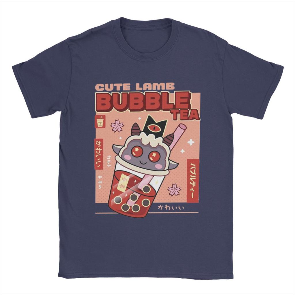 Casual Cute Lamb Bubble Tea Cult Of The Lamb T-Shirt Men O Neck 100% Cotton T Shirt Game Anime Tees Printing Clothes
