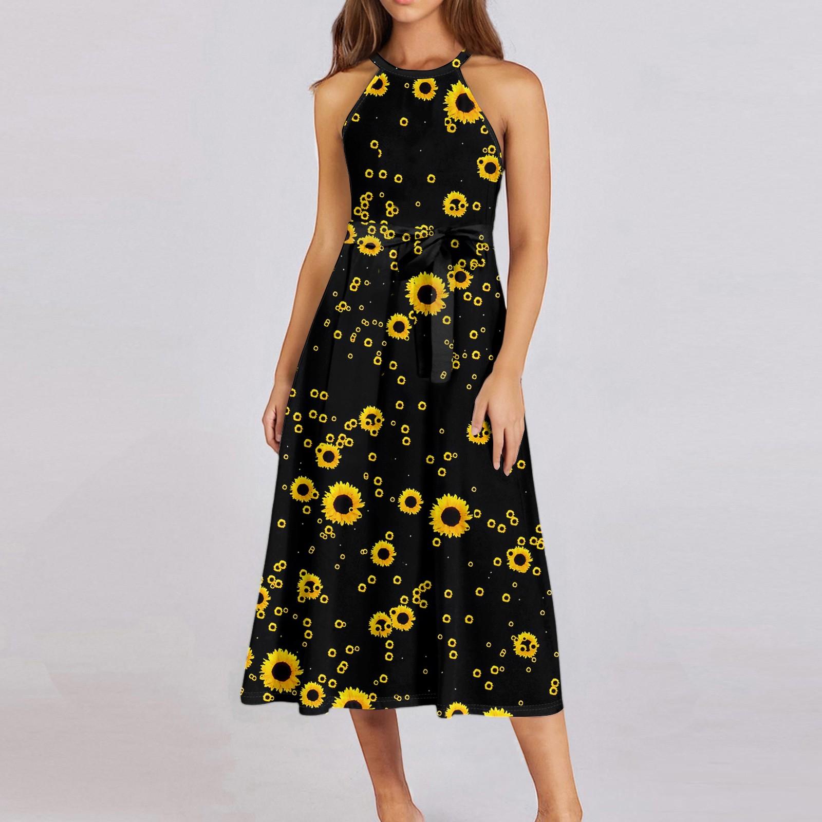 

Жіноча повсякденна сукня міді з круглим вирізом Базова класична повсякденна сукня без рукавів у стилі бохо на краватці Літній пляжний сарафан XL чорний