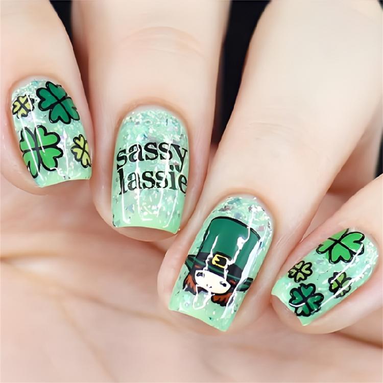 

24Pcs Short Coffin Style False Nail With Patrick s Day Green Shamrock Design Artificial Nail For Fashionable Women 1