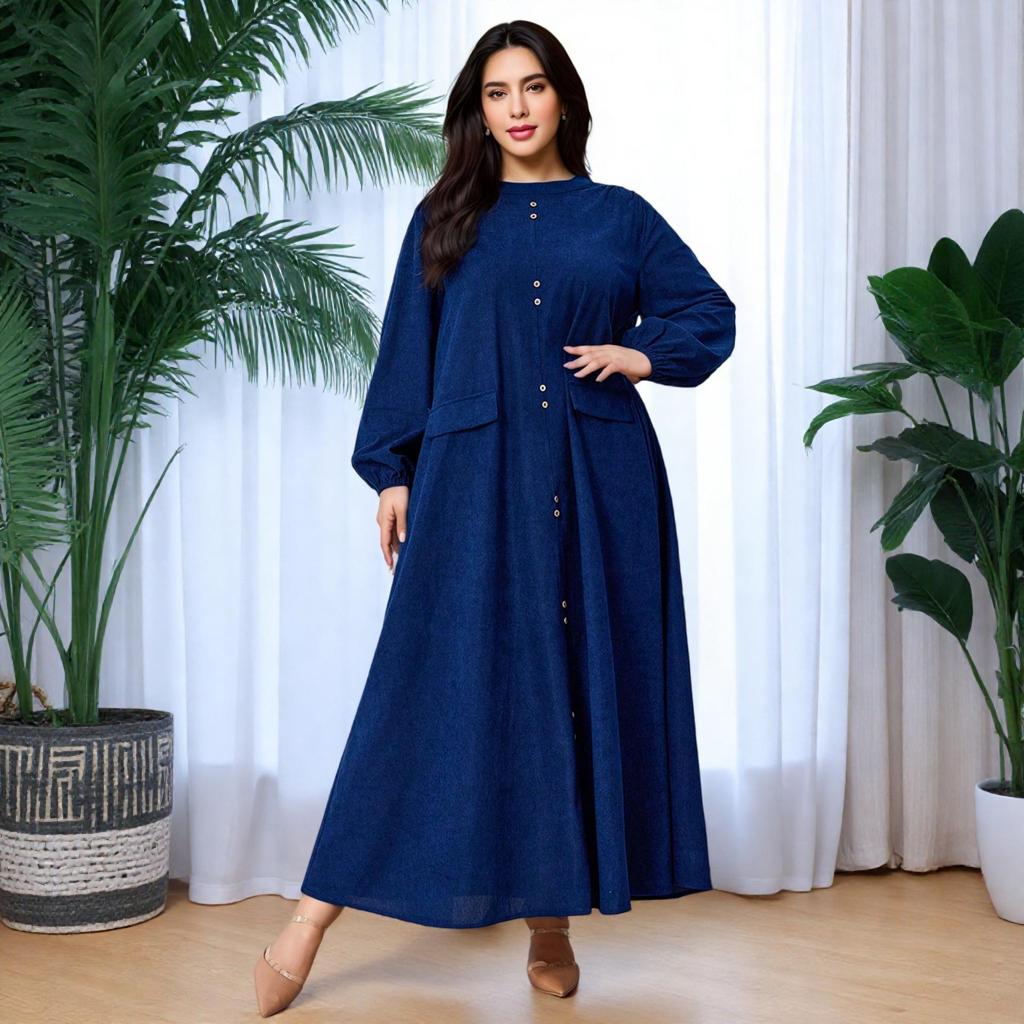 Middle East Plus Size Pleated Solid Long Sleeve Loose Lantern Dress: Comfortable, Flaw-Covering, Slimming Long Skirt