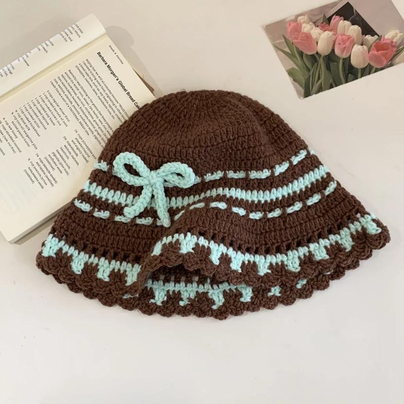 Y2K Korean-Japanese Hand Bucket Crochet Bucket Hats For Women Spring Autumn Winter Sun Cap Female Bow Designer Bob Basin Gorro