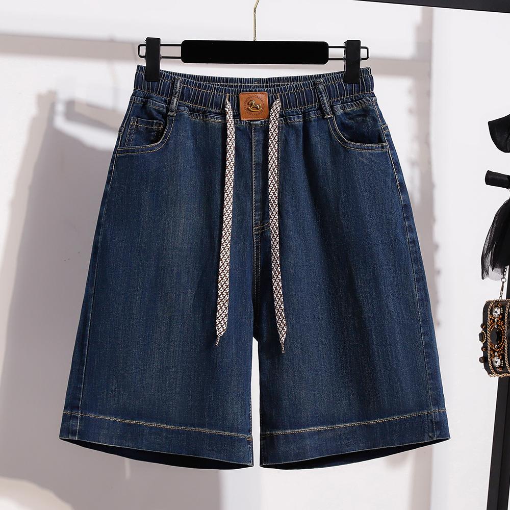 DIMANAF 2026 Лето Новые Женские Джинсовые Шорты Большого Размера На Эластичной Талии Повседневные Свободные Короткие Джинсовые Брюки Однотонные Синие 5XL темно-синий