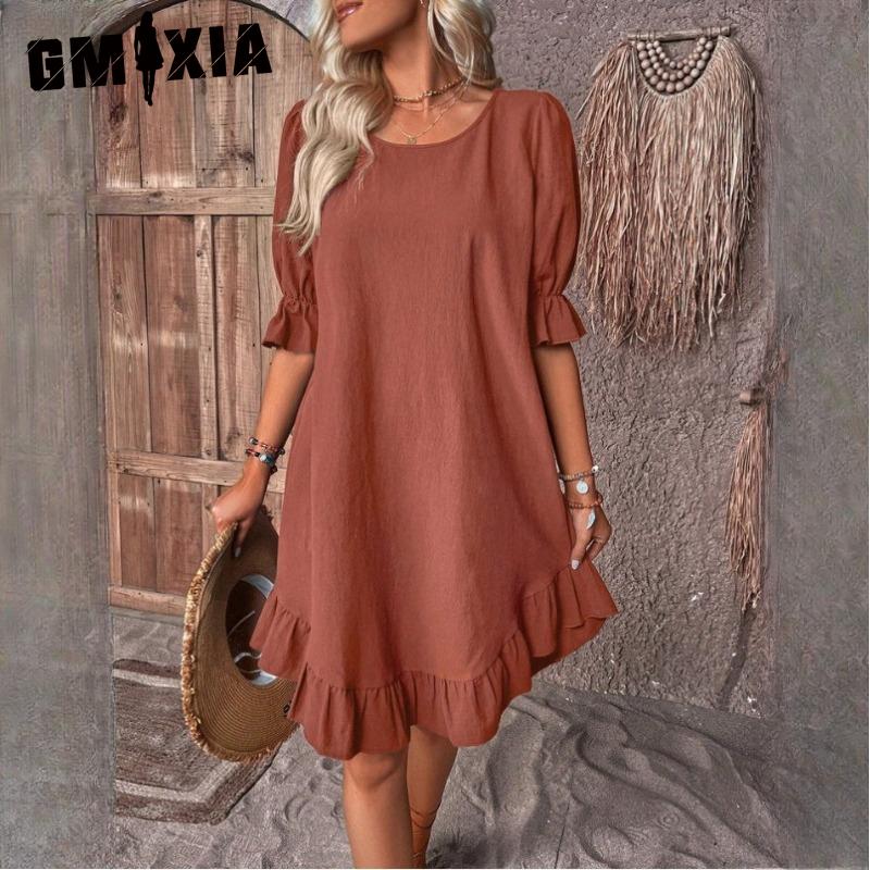 

GMXIA женские модные летние весенние однотонные повседневные платья с короткими рукавами и v-образным вырезом и высокой талией XL кирпич красный