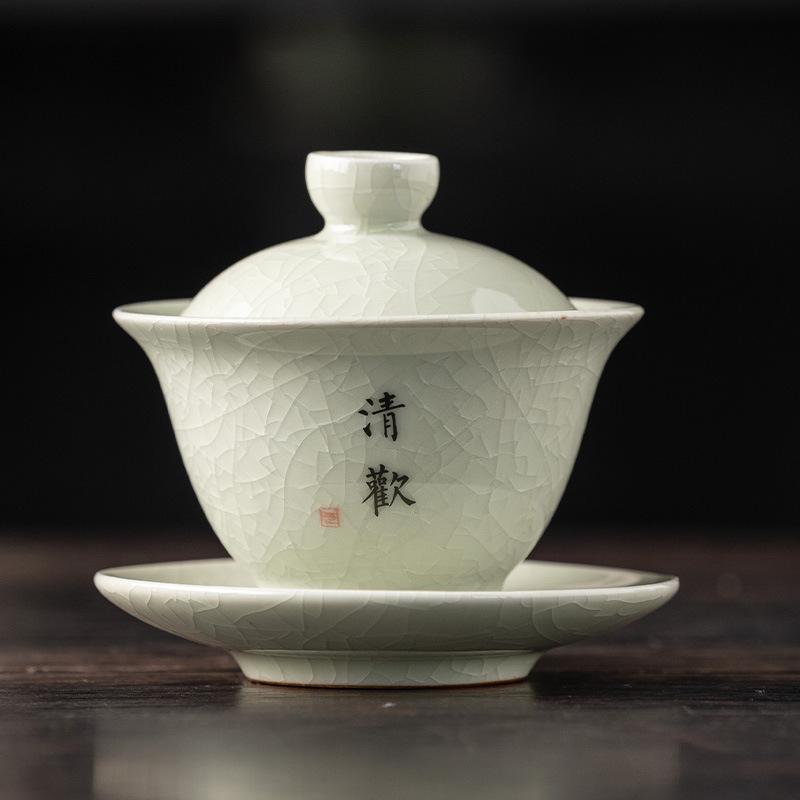 High-grade Gemstone Yellow Ru Kiln Cover Bowl Sancai Tea Bowl Qianli Jiangshan Hand-painted Kung Fu Tea Set Household Handmade Single