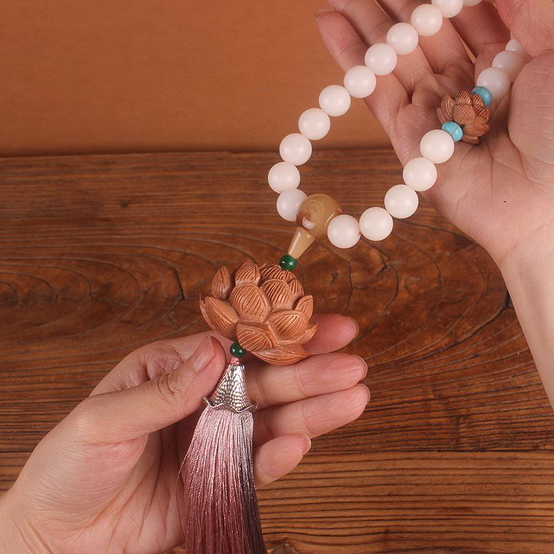 Natural White Jade & Peach Wood Lotus Pendant for Rearview Mirror