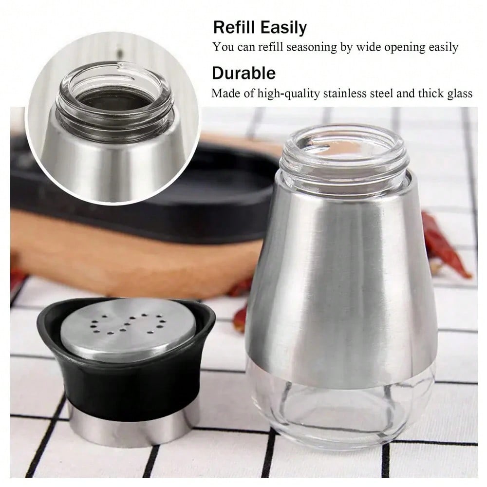 1 Salt/Pepper Shaker 4 Oz Glass Bottom Salt Stainless Steel Lid Kitchen Gadgets Cooking Table Camping BBQ Refillable Design Gift