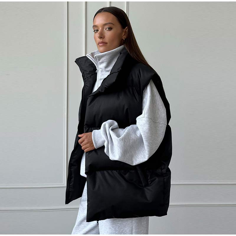 Autumn Winter Sleeveless Jacket Women Fashion Loose Thick Vest Solid Color Casual Sport Cotton Jacket Stand Collar Coat Warm Female Waistcoat
