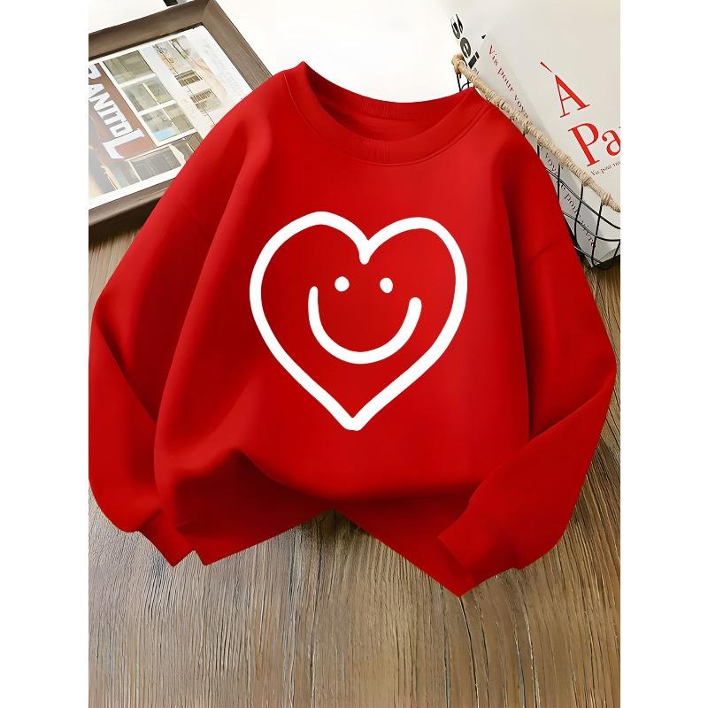 Girls' Oversized Round Neck Sweatshirt - Black & White joyful Face & Heart Print Sweater, Soft Warm Winter Sweater for, Casual & Casual Attire