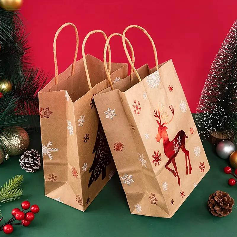 12PCS New Christmas Foil Stamped Paper Gift Bags Brown Kraft Tote with Reindeer Snowflake Tree Design for Holiday Party Presents