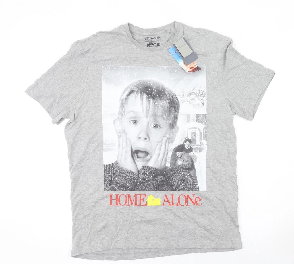 Home Alone Grey Graphic Print Men's T-Shirt Size L Cotton Blend