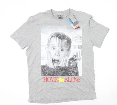 Home Alone Grey Graphic Print Men's T-Shirt Size L Cotton Blend