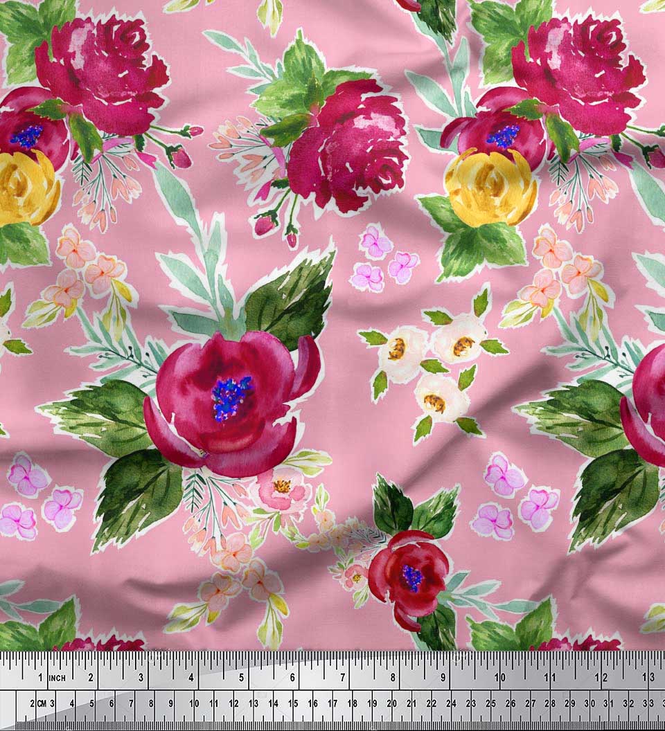 

Soimoi Japan Crepe Satin Fabric Flower & Leaves Watercolor Print Тканина на метр 42 дюйма 42 Inch Wide - Poly Crepe помаранчевий