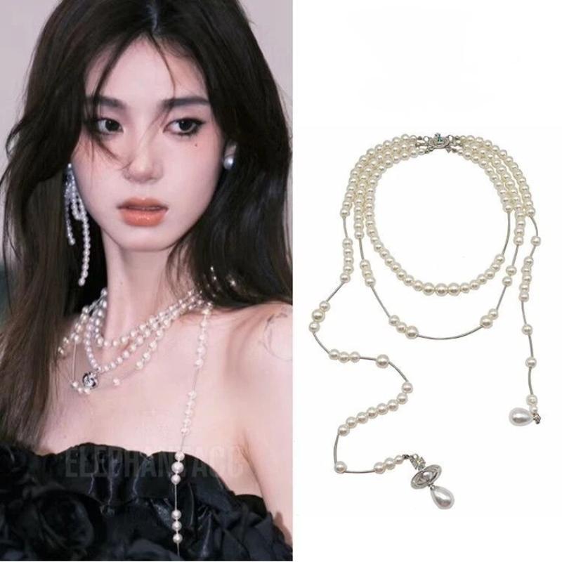 Asymmetric Three-Layer Pearl Sweater Chain Necklace Women'S French Style Multi-Layer High-End Clavicle Necklace